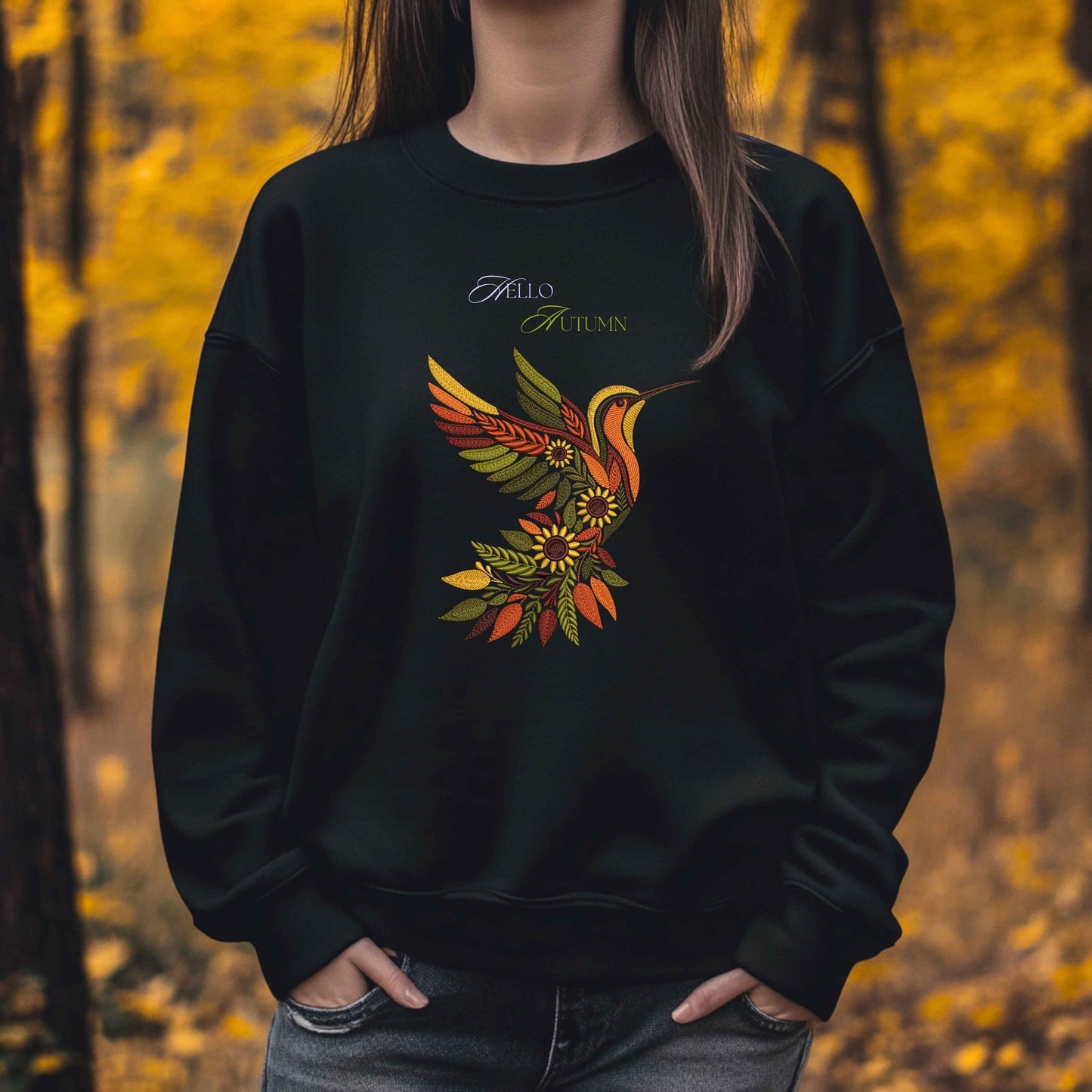 Fall-Inspired Hummingbird Embroidery Design With Sunflowers, Autumn Embroidery Perfect for Fall Crafts & Gifts, Bird Embroidery Pattern PES