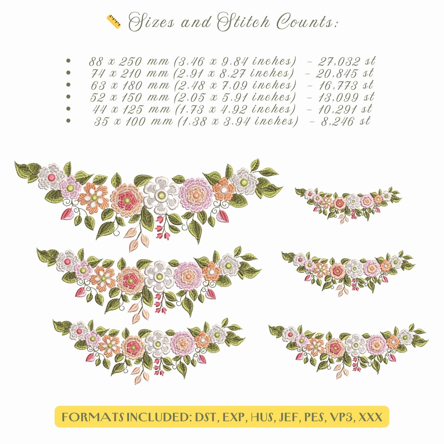 Floral Embroidery Set - Flower Branch, Corner, Treble Clef Designs for Clothing, Home Decor, and Gifts! Beautiful Machine Embroidery Files