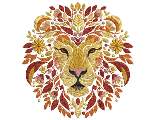 Autumn Lion Embroidery Design PES, Botanical King of the Jungle, Fall-Inspired Embroidery File for Your Creations, Embroidery Pattern Lion
