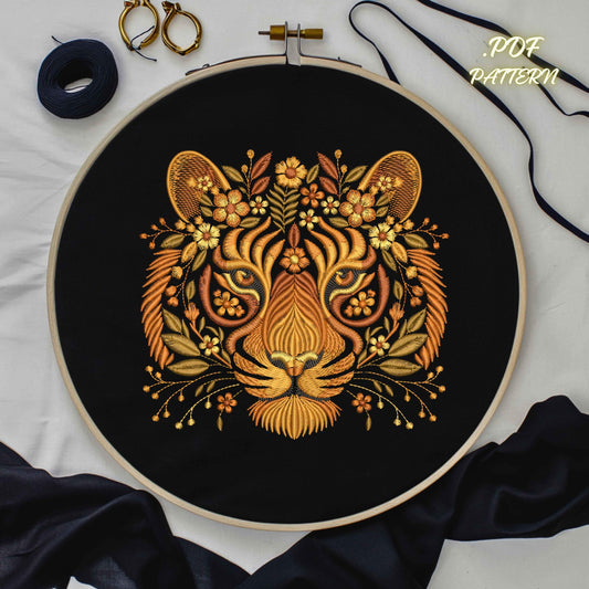 Autumn Tiger Hand Embroidery Pattern: DIY Needlework (Digital PDF PNG)