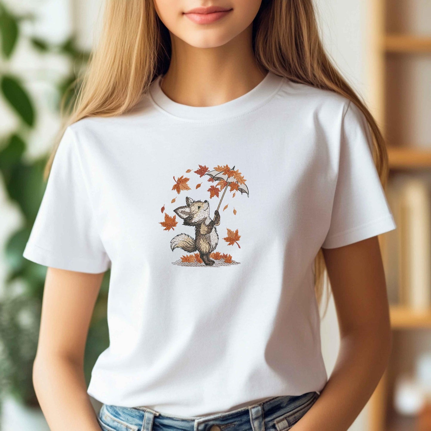 Fox with Umbrella Embroidery Design, Autumn Leaves Fall Machine Embroidery Pattern, Fox Pattern PES, Animal Embroidery Download DST PES Jef