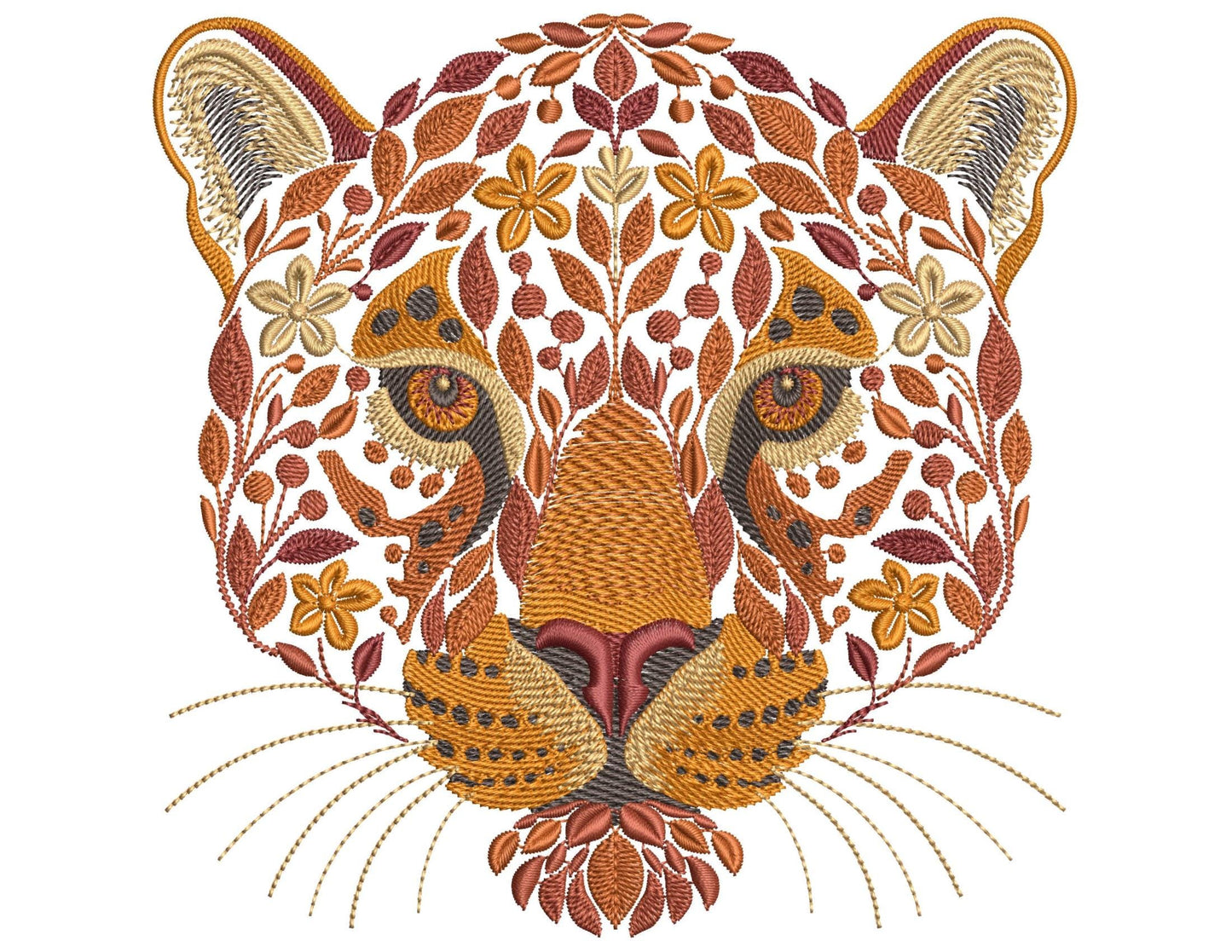 Autumn Jaguar Machine Embroidery Design, Floral Wild Cat Machine Embroidery Pattern PES, Wild Jaguar Head Embroidery, Animal Embroidery PES