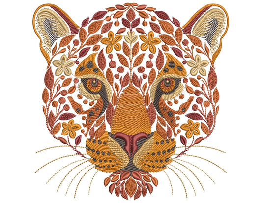 Autumn Jaguar Machine Embroidery Design, Floral Wild Cat Machine Embroidery Pattern PES, Wild Jaguar Head Embroidery, Animal Embroidery PES