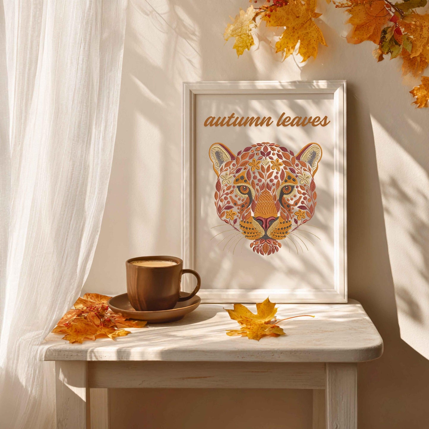 Autumn Jaguar Machine Embroidery Design, Floral Wild Cat Machine Embroidery Pattern PES, Wild Jaguar Head Embroidery, Animal Embroidery PES