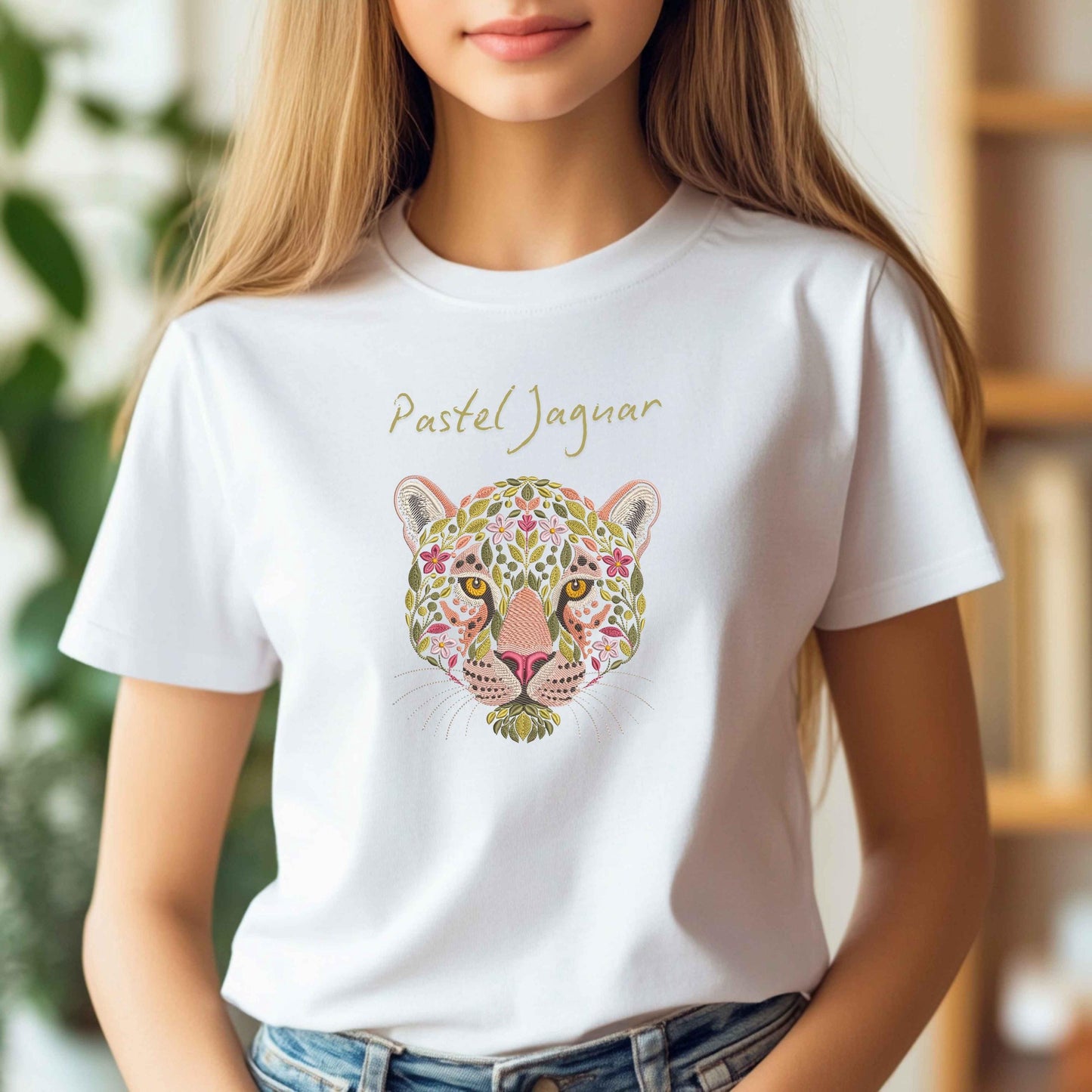 Floral Jaguar Machine Embroidery Design, Wild Big Cat Leaf Embroidery Pattern PES, Nature Animal Embroidery, Jungle Embroidery File DST JEF