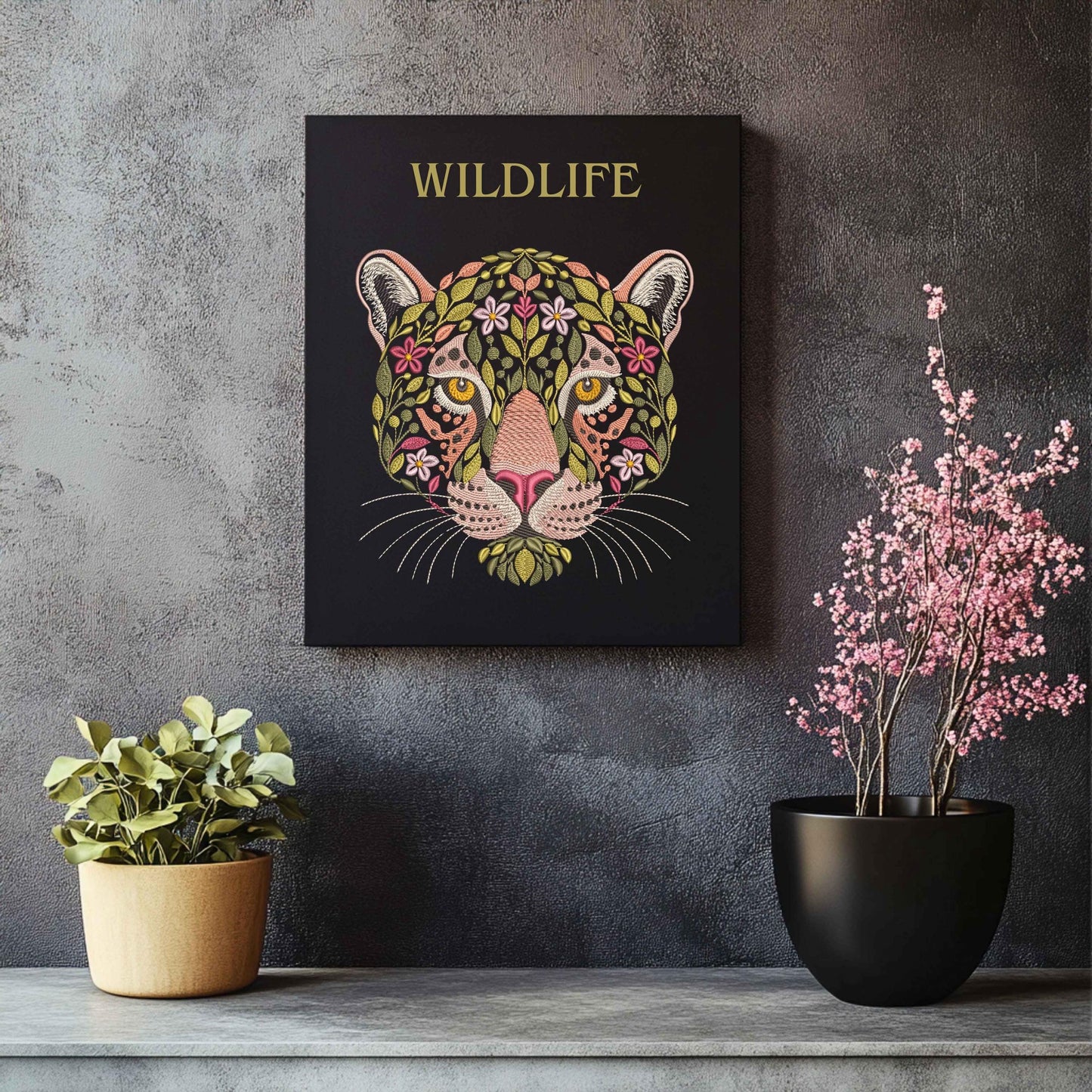Floral Jaguar Machine Embroidery Design, Wild Big Cat Leaf Embroidery Pattern PES, Nature Animal Embroidery, Jungle Embroidery File DST JEF