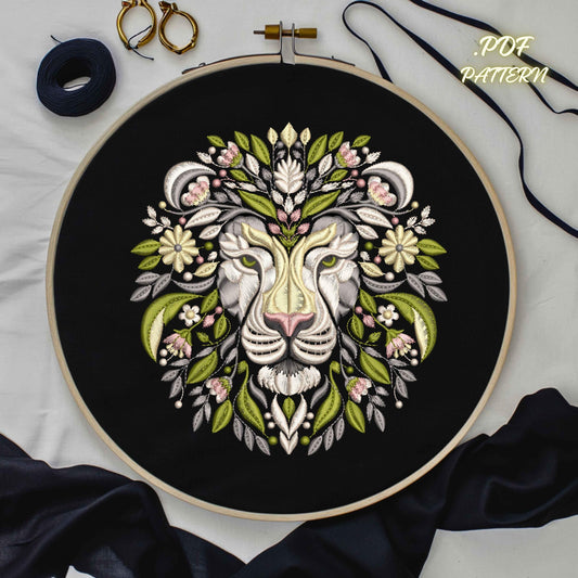 Boho Floral Lion Embroidery Pattern: Hand Stitch PDF