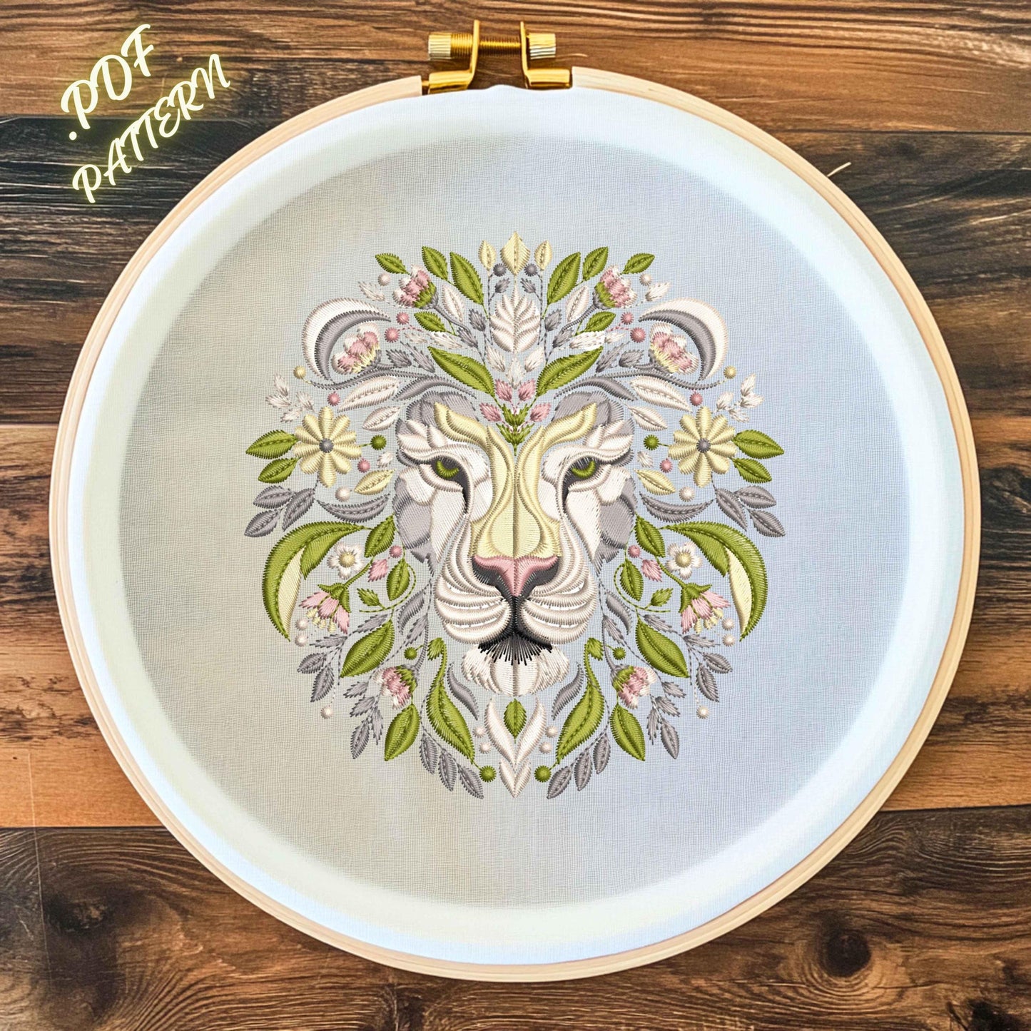 Boho Floral Lion Embroidery Pattern: Hand Stitch PDF