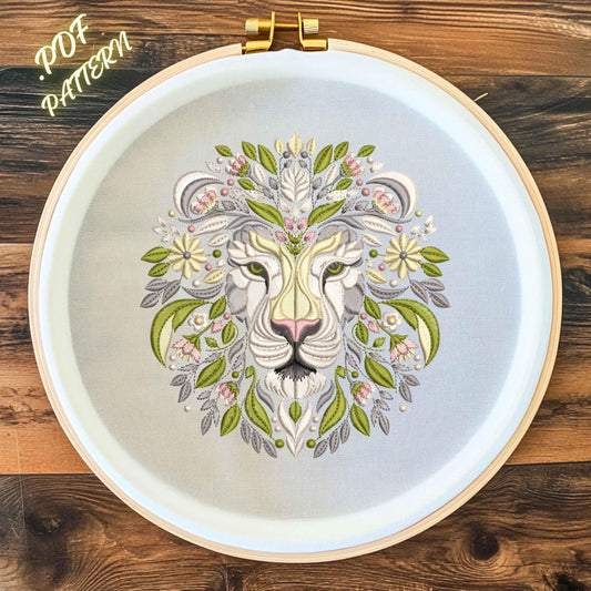 Boho Floral Lion Embroidery Pattern: Hand Stitch PDF