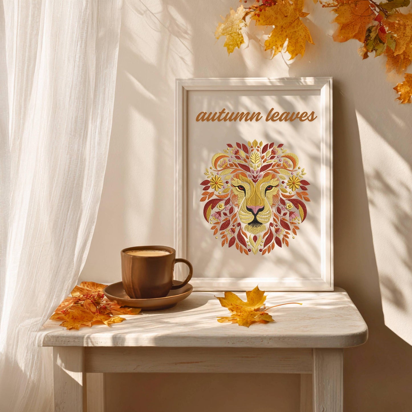 Autumn Lion Embroidery Design PES, Botanical King of the Jungle, Fall-Inspired Embroidery File for Your Creations, Embroidery Pattern Lion