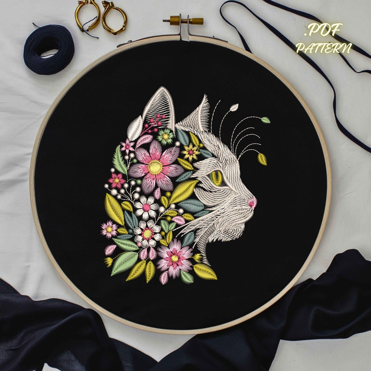 Cat with Floral Embroidery Pattern – Digital PDF for DIY Needlework, Instant Download, Cat Hand Embroidery Pattern, Embroidery Hoop Art