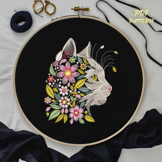 Cat with Floral Embroidery Pattern – Digital PDF for DIY Needlework, Instant Download, Cat Hand Embroidery Pattern, Embroidery Hoop Art