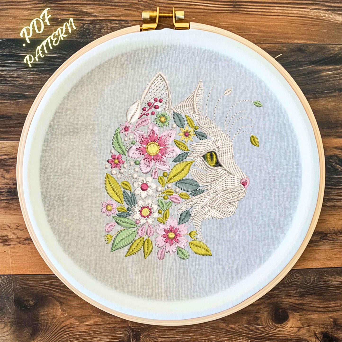 Cat with Floral Embroidery Pattern – Digital PDF for DIY Needlework, Instant Download, Cat Hand Embroidery Pattern, Embroidery Hoop Art