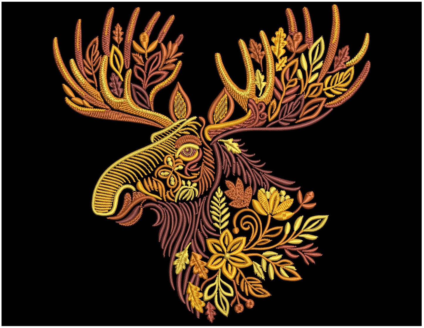 Golden Autumn Moose – Machine Embroidery Design, Elk Embroidery, Moose Pattern Embroidery PES, Autumn Leaves Embroidery, Wildlife Animal DST