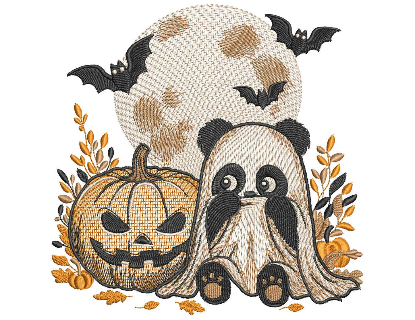 Halloween Panda Embroidery Design, Jack-O-Lantern Pumpkin & Bats, Panda in Ghost Costume Embroidery, Spooky Kawaii Machine File, Panda PES