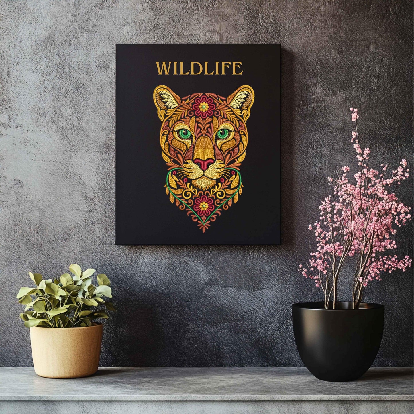 Autumn Cougar Machine Embroidery Design, Flower Puma Embroidery Pattern PES, Majestic Wild Cat Embroidery Design, Fall Embroidery PES DST