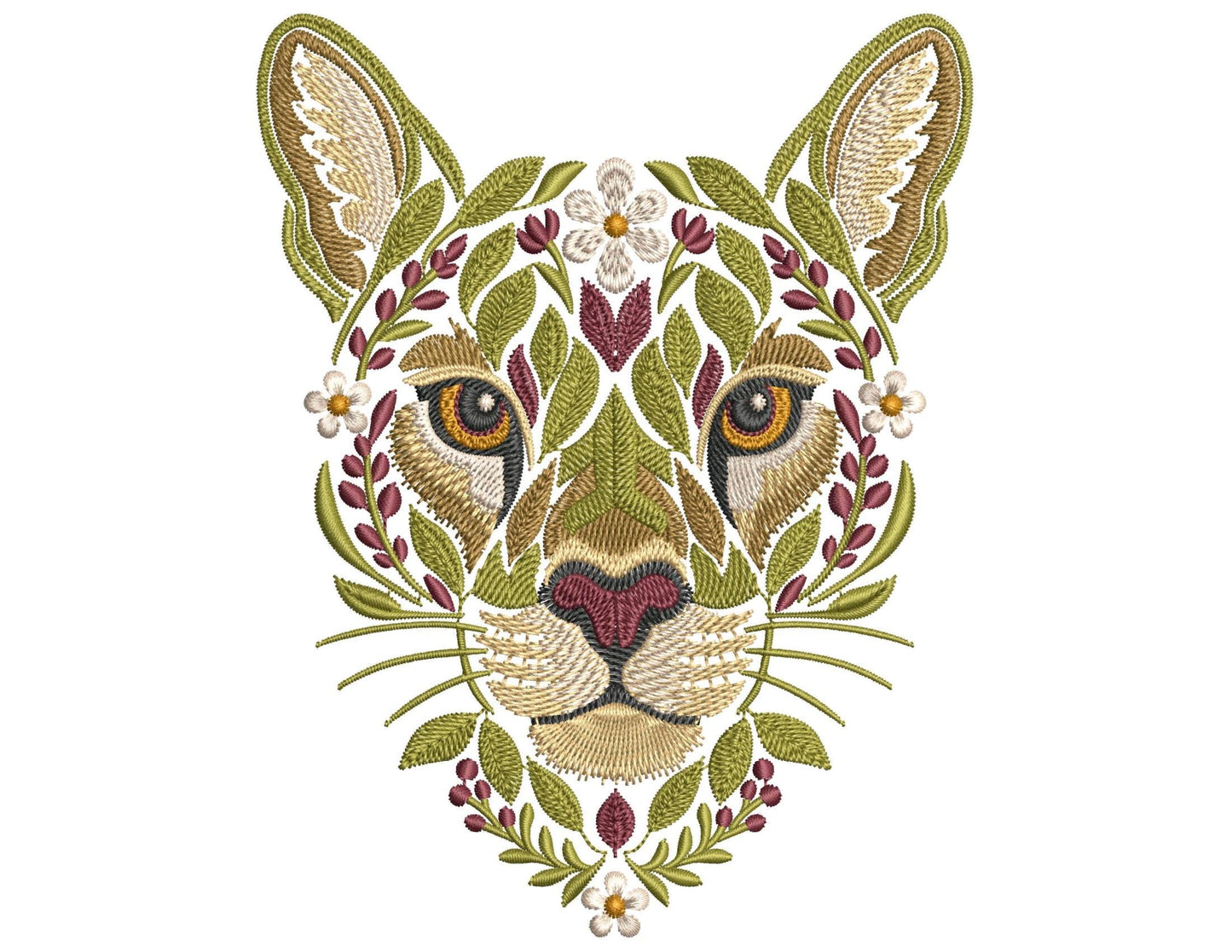 Floral Cougar Machine Embroidery Design, Mountain Lion Embroidery, Puma Wild Big Cat Embroidery, Wild Animal Embroidery, Cougar Pattern PES