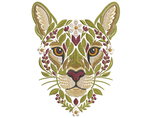 Floral Cougar Machine Embroidery Design, Mountain Lion Embroidery, Puma Wild Big Cat Embroidery, Wild Animal Embroidery, Cougar Pattern PES