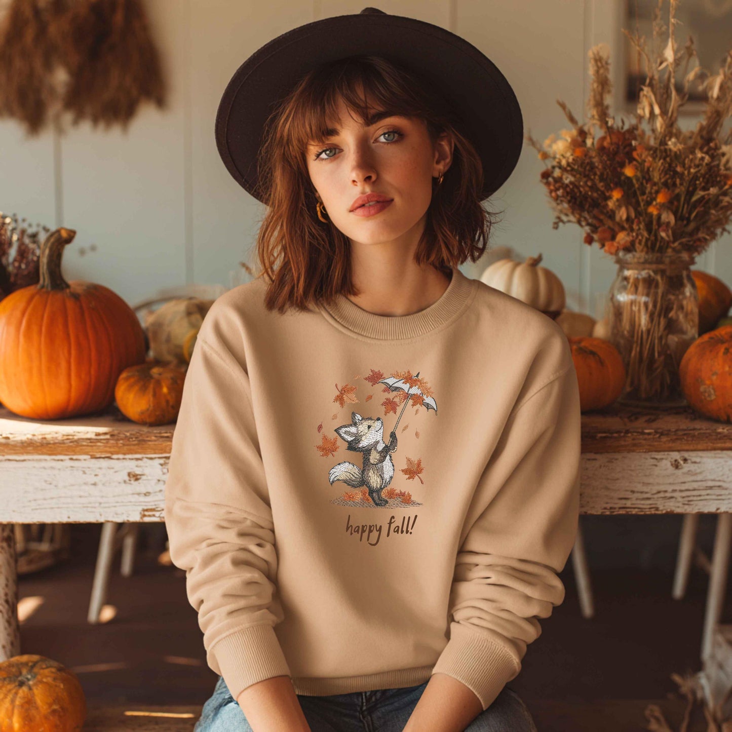 Fox with Umbrella Embroidery Design, Autumn Leaves Fall Machine Embroidery Pattern, Fox Pattern PES, Animal Embroidery Download DST PES Jef