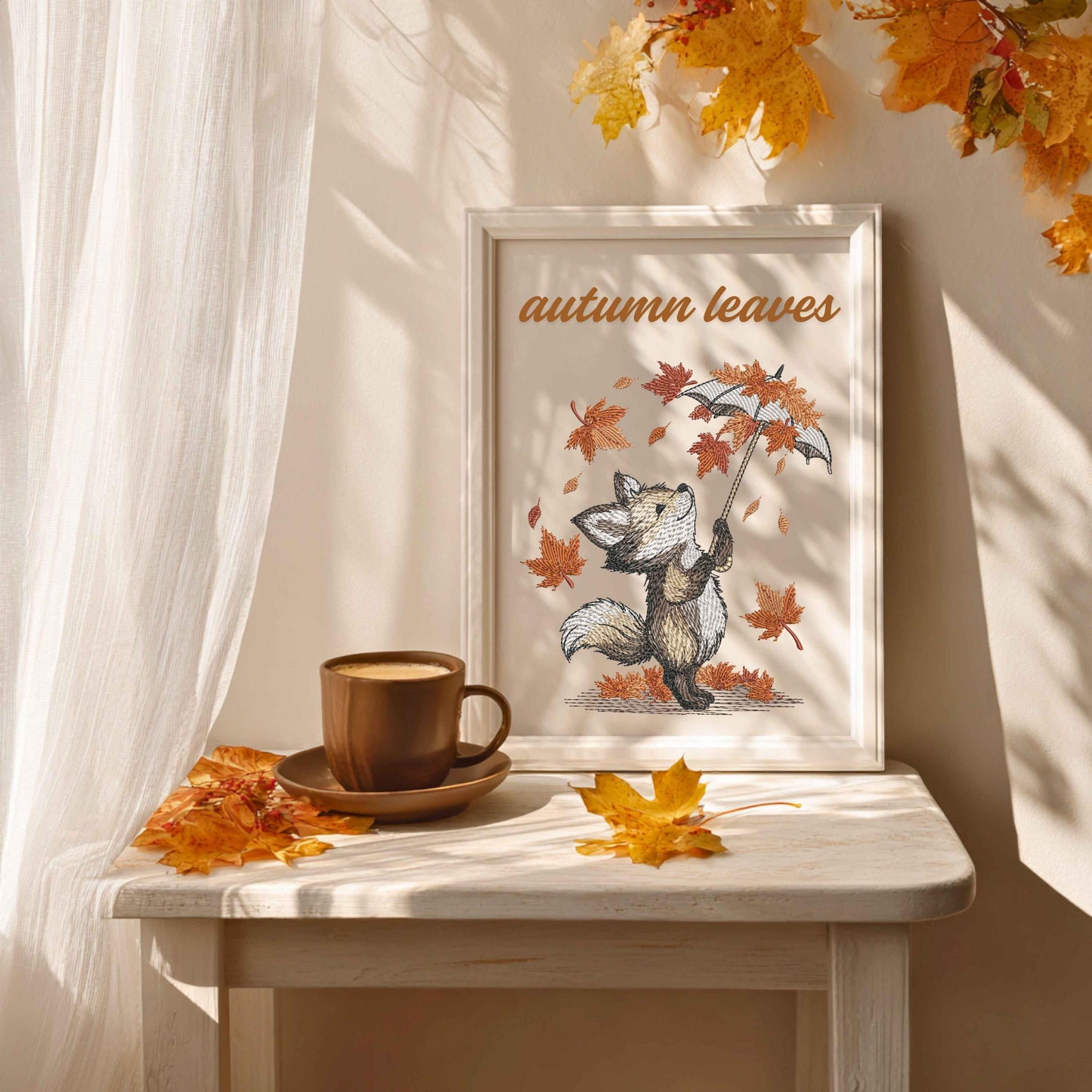 Fox with Umbrella Embroidery Design, Autumn Leaves Fall Machine Embroidery Pattern, Fox Pattern PES, Animal Embroidery Download DST PES Jef