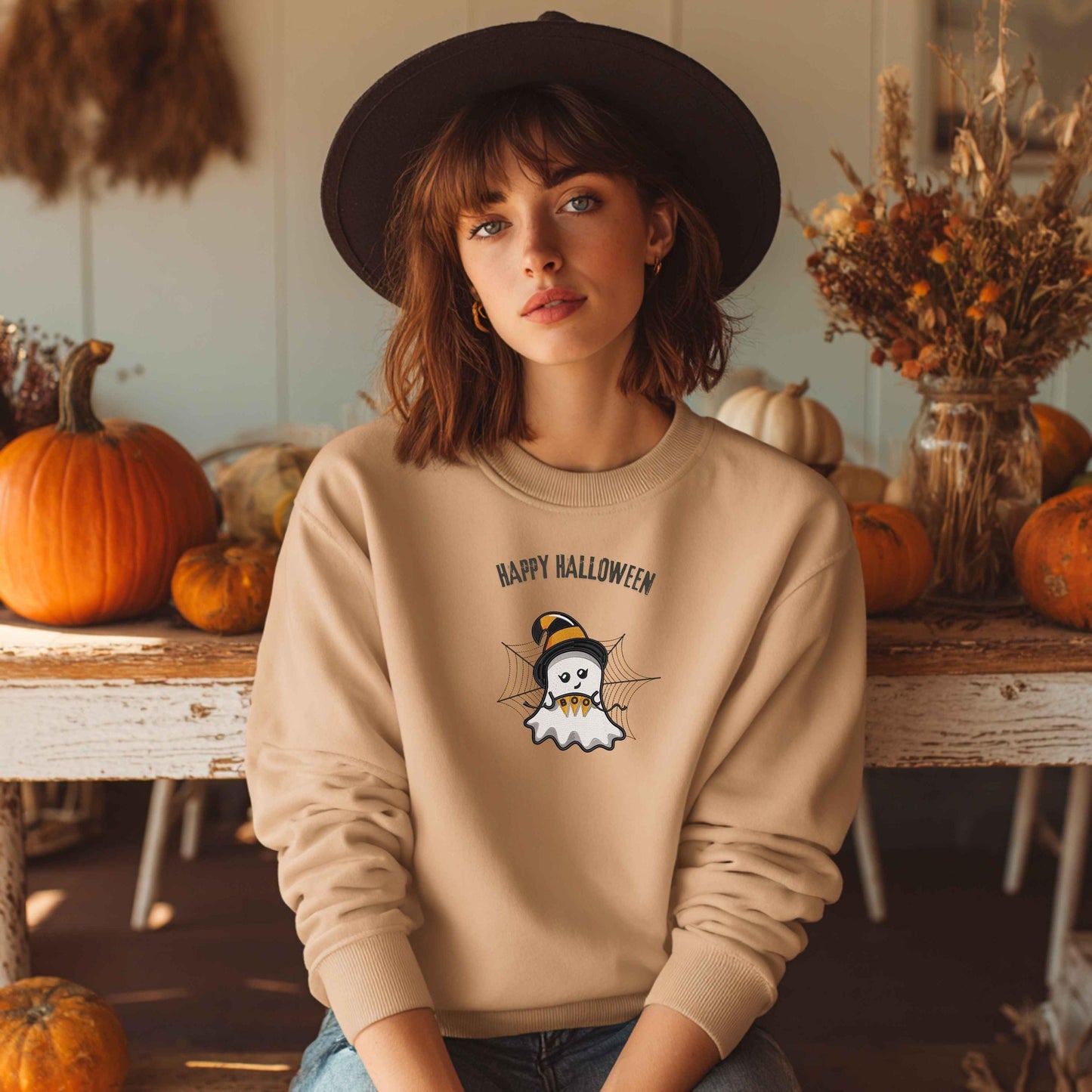 Ghost Embroidery Design, Halloween Embroidery Design,  Cute Spooky Ghost Embroidery Design, Halloween Ghost Embroidery Design with Spiderweb