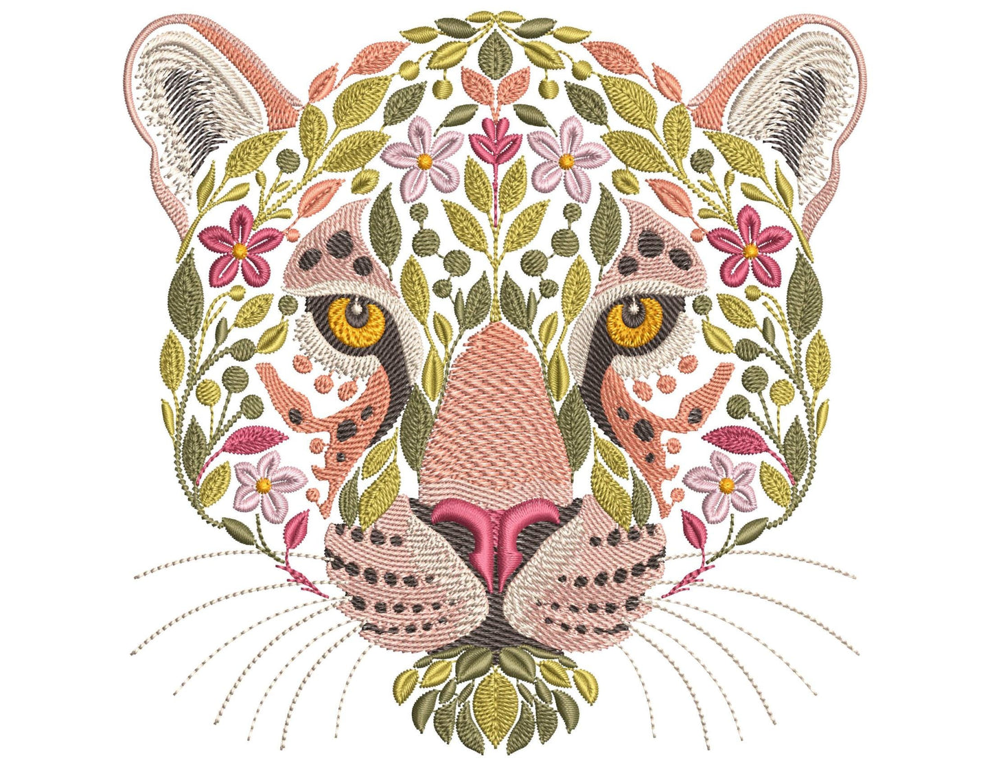 Floral Jaguar Machine Embroidery Design, Wild Big Cat Leaf Embroidery Pattern PES, Nature Animal Embroidery, Jungle Embroidery File DST JEF