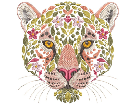 Floral Jaguar Machine Embroidery Design, Wild Big Cat Leaf Embroidery Pattern PES, Nature Animal Embroidery, Jungle Embroidery File DST JEF