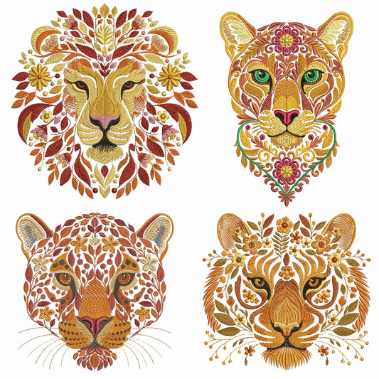 Autumn Animal Embroidery Set, Lion Tiger Jaguar Cougar Machine Embroidery Designs, Fall Wild Cat Embroidery Set, Wildlife Embroidery PES DST