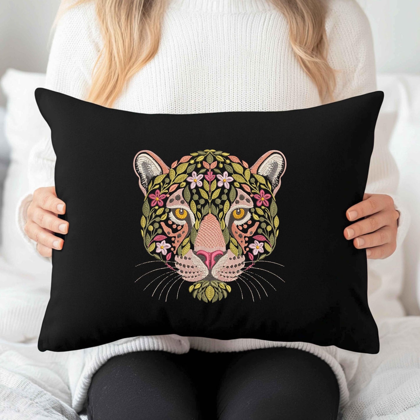 Floral Jaguar Machine Embroidery Design, Wild Big Cat Leaf Embroidery Pattern PES, Nature Animal Embroidery, Jungle Embroidery File DST JEF