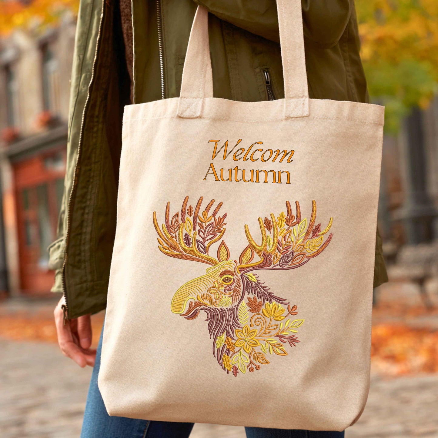Golden Autumn Moose – Machine Embroidery Design, Elk Embroidery, Moose Pattern Embroidery PES, Autumn Leaves Embroidery, Wildlife Animal DST