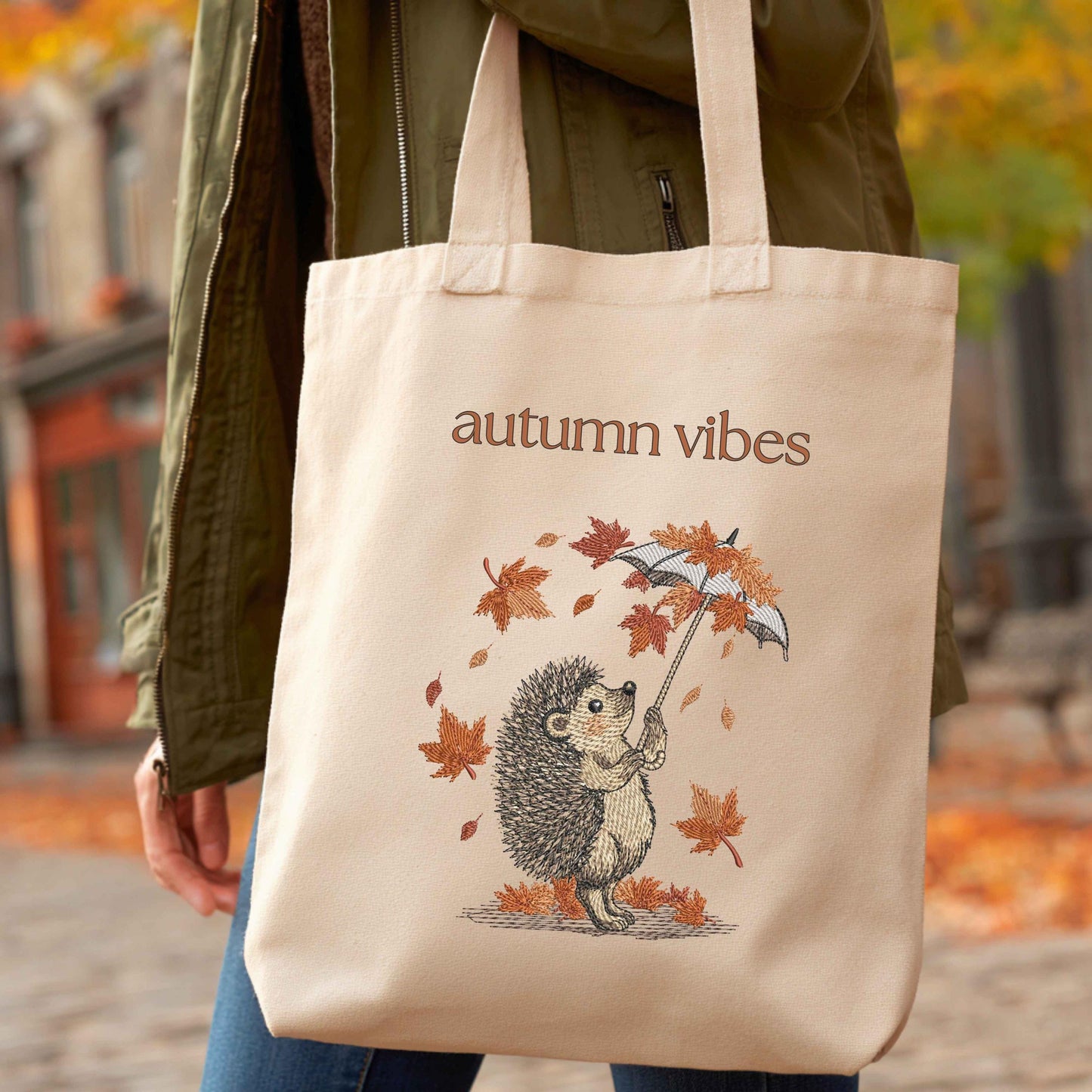 Hedgehog with Umbrella Autumn Machine Embroidery Design, Autumn Fall Machine Embroidery Pattern PES, Woodland Animal Embroidery, Leaves PES