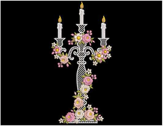 Machine Embroidery Design Candlestick with Flowers PES, Vintage Candelabra Pattern for Home Decor, Table Linens, Towels, Church Projects DST