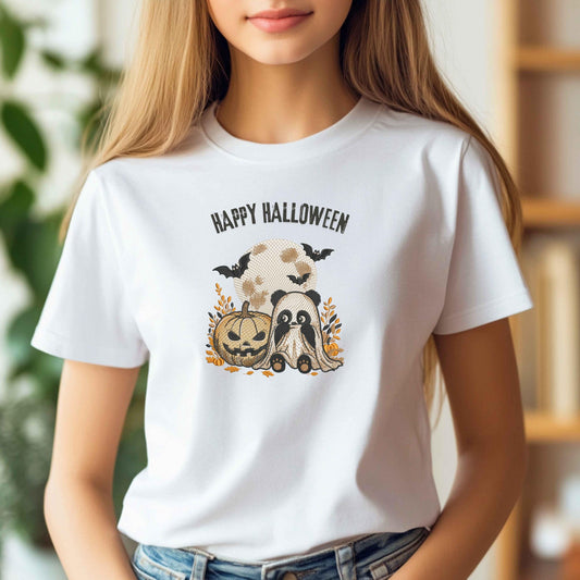 Halloween Panda Embroidery Design, Jack-O-Lantern Pumpkin & Bats, Panda in Ghost Costume Embroidery, Spooky Kawaii Machine File, Panda PES