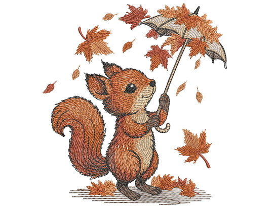 Autumn Squirrel Embroidery Design with Umbrella, Cute Autumn Squirrel Pattern PES, Fall Leaves Embroidery, Woodland Animal Design Hoop 4x4