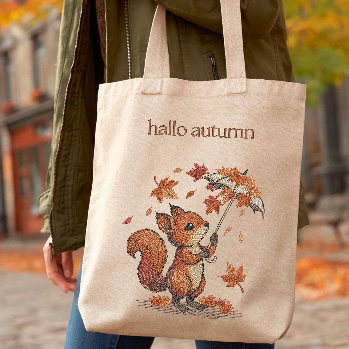 Autumn Squirrel Embroidery Design with Umbrella, Cute Autumn Squirrel Pattern PES, Fall Leaves Embroidery, Woodland Animal Design Hoop 4x4