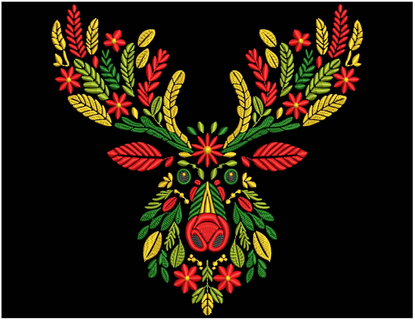 Christmas Folk Floral Deer Machine Embroidery Design, Christmas Reindeer Pattern PES, Unique Xmas Stag Embroidery, Festive Embroidery File
