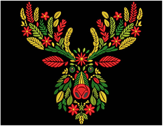 Christmas Folk Floral Deer Machine Embroidery Design, Christmas Reindeer Pattern PES, Unique Xmas Stag Embroidery, Festive Embroidery File