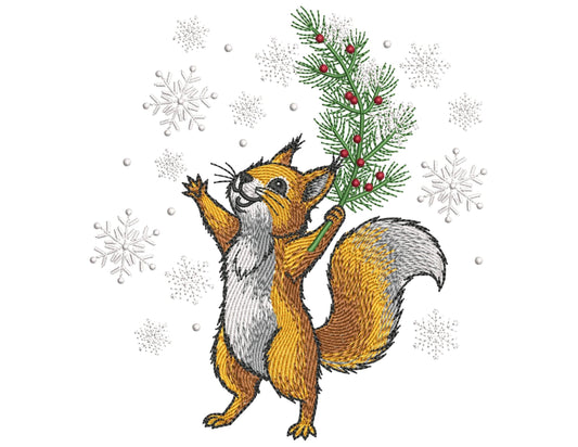 Christmas Squirrel with Pine Twig Machine Embroidery Design, Winter Animal Embroidery, Snowflakes Embroidery Pattern PES, Squirrel PES DST