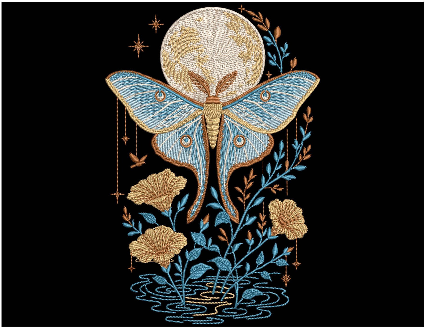 Celestial Luna Moth Machine Embroidery Design, Mystical Moon Moth Embroidery,  Boho Moon Phases Embroidery, Moon Moth With Stars Embroidery