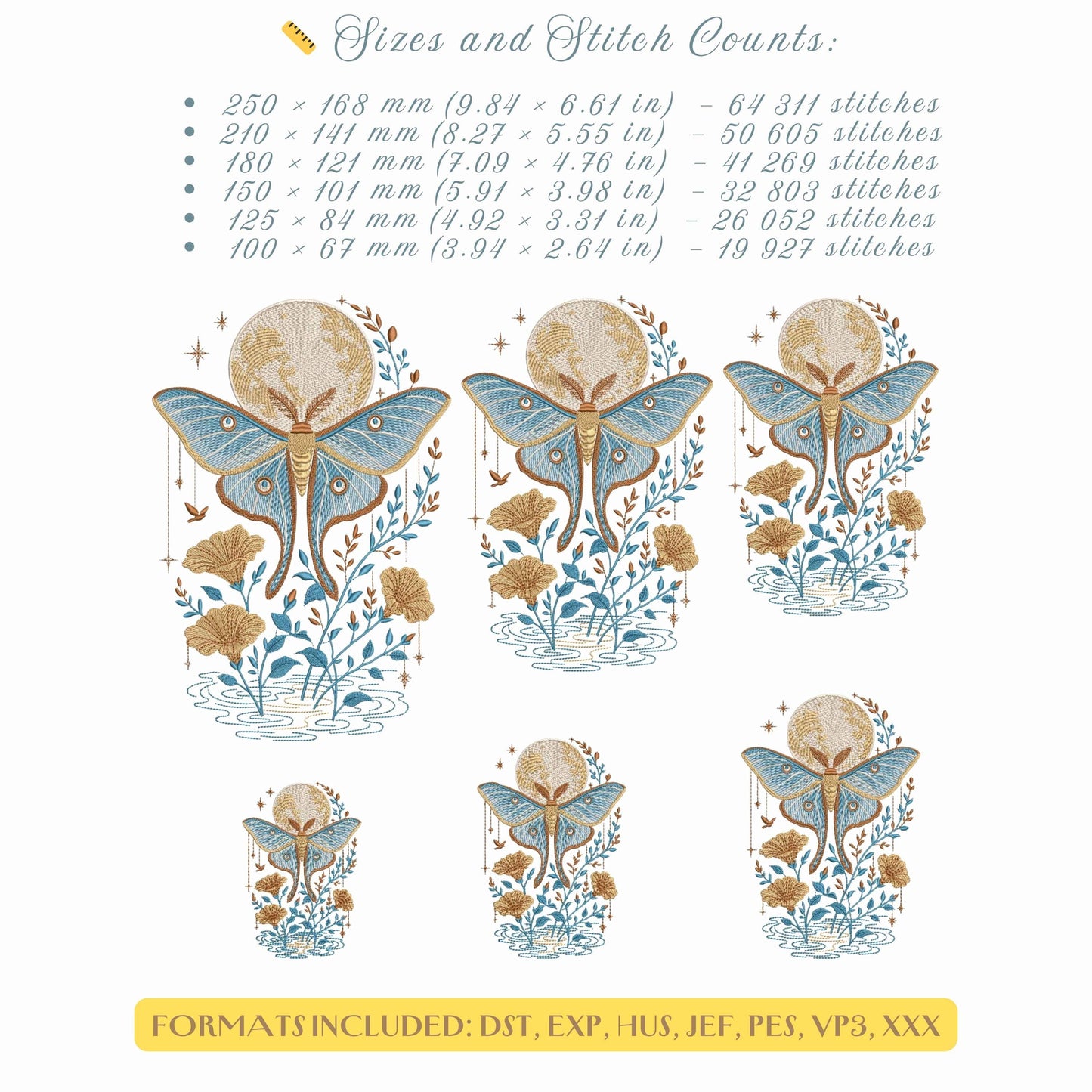 Celestial Luna Moth Machine Embroidery Design, Mystical Moon Moth Embroidery,  Boho Moon Phases Embroidery, Moon Moth With Stars Embroidery