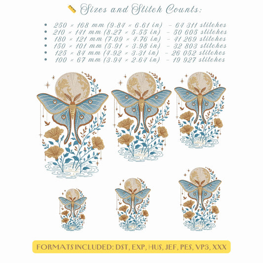 Celestial Luna Moth Machine Embroidery Design, Mystical Moon Moth Embroidery,  Boho Moon Phases Embroidery, Moon Moth With Stars Embroidery