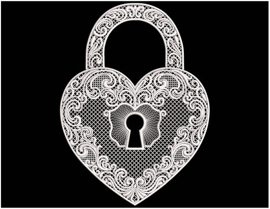 Heart Lock Embroidery Design, Vintage Lace Padlock Embroidery Pattern for Wedding Gifts, Romantic Decor, Valentine Projects PES DST JEF