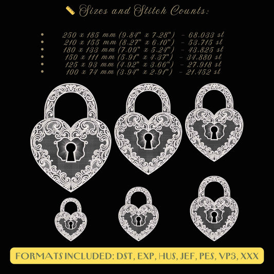 Heart Lock Embroidery Design, Vintage Lace Padlock Embroidery Pattern for Wedding Gifts, Romantic Decor, Valentine Projects PES DST JEF
