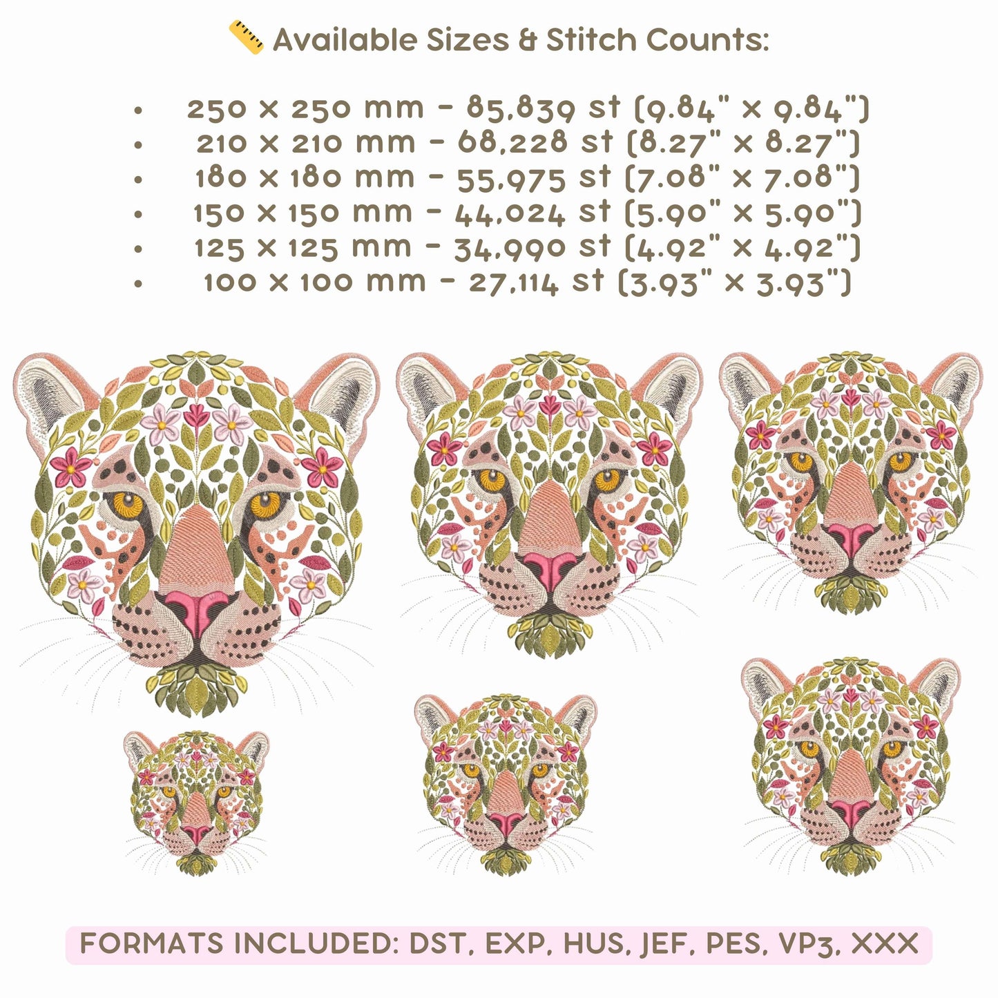 Big Cats Embroidery Bundle, Tiger, Lion, Puma, Jaguar Head Floral Machine Embroidery Design Set, Jungle Animal Embroidery Pack, Wild Cat PES