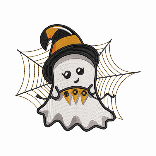 Ghost Embroidery Design, Halloween Embroidery Design,  Cute Spooky Ghost Embroidery Design, Halloween Ghost Embroidery Design with Spiderweb