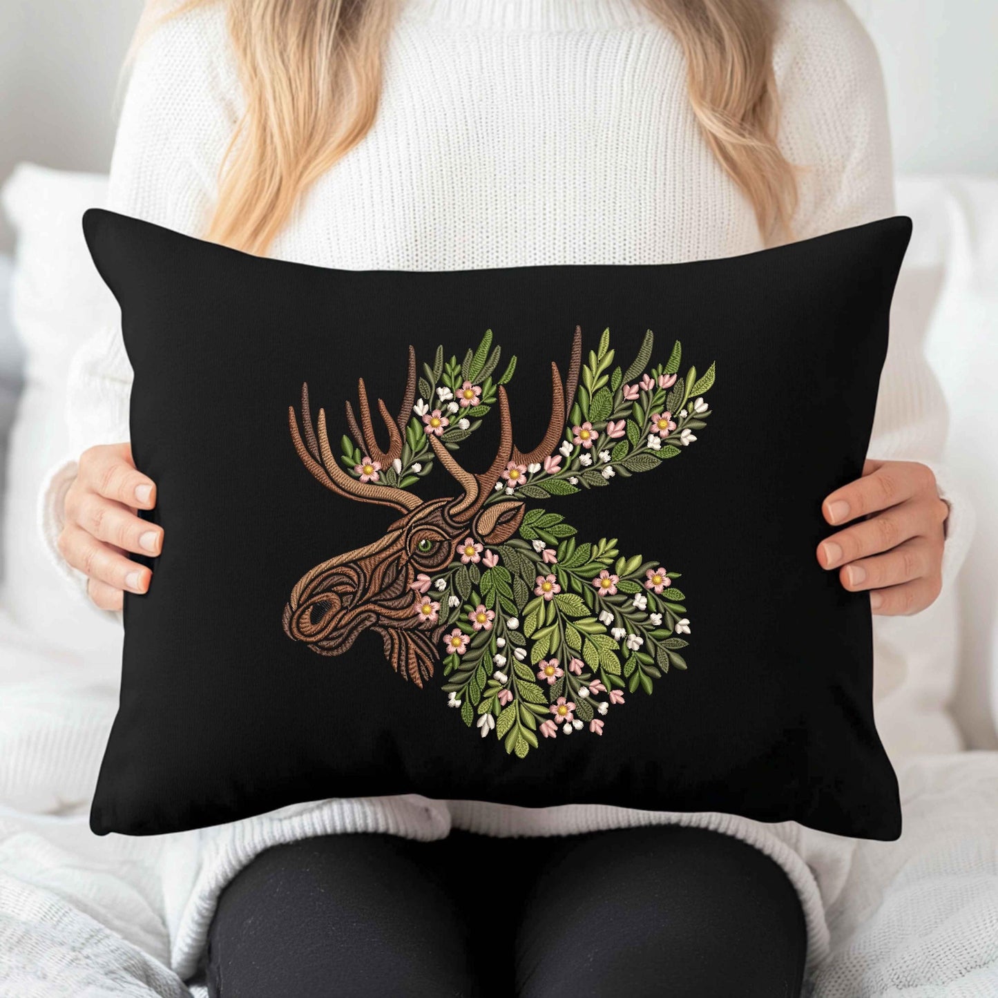Floral Moose Head Machine Embroidery Design, Moose Flower Antlers Pattern DST, Wildlife Embroidery, Nature Embroidery, Woodland Wall Art PES
