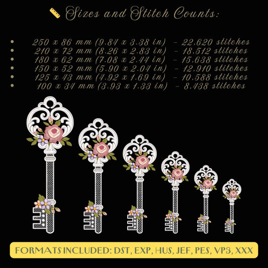 Floral Key Embroidery Design, Vintage Romantic Lace Key with Flowers, Patten for Wedding Gifts, Tote Bags, Pillows Romantic Decor & Apparel