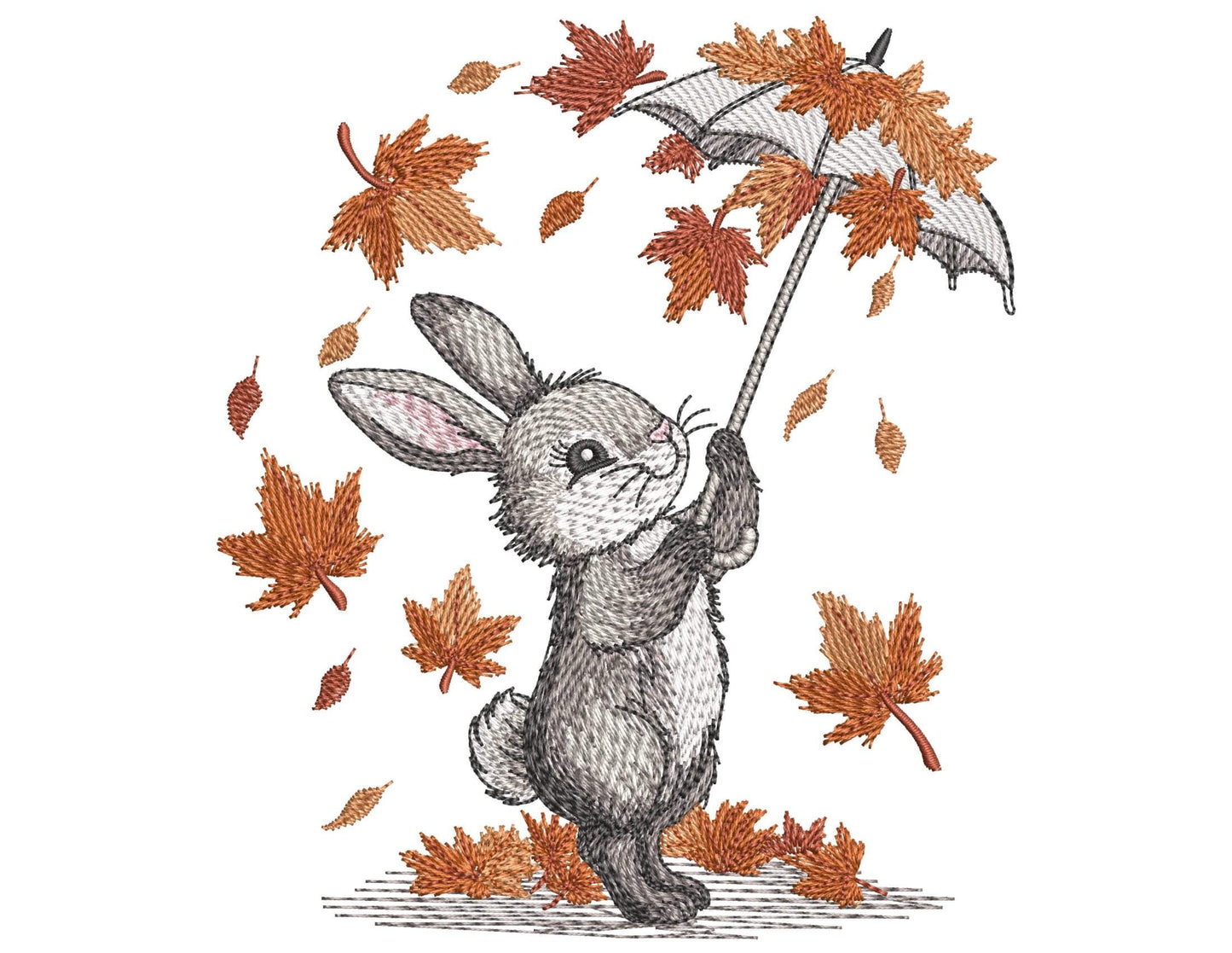 Cute Bunny with Umbrella – Autumn Machine Embroidery Design, Autumn Fall Leaves Pattern for Hoop 4x4, Autumn Rabbit Embroidery PES DST JEF
