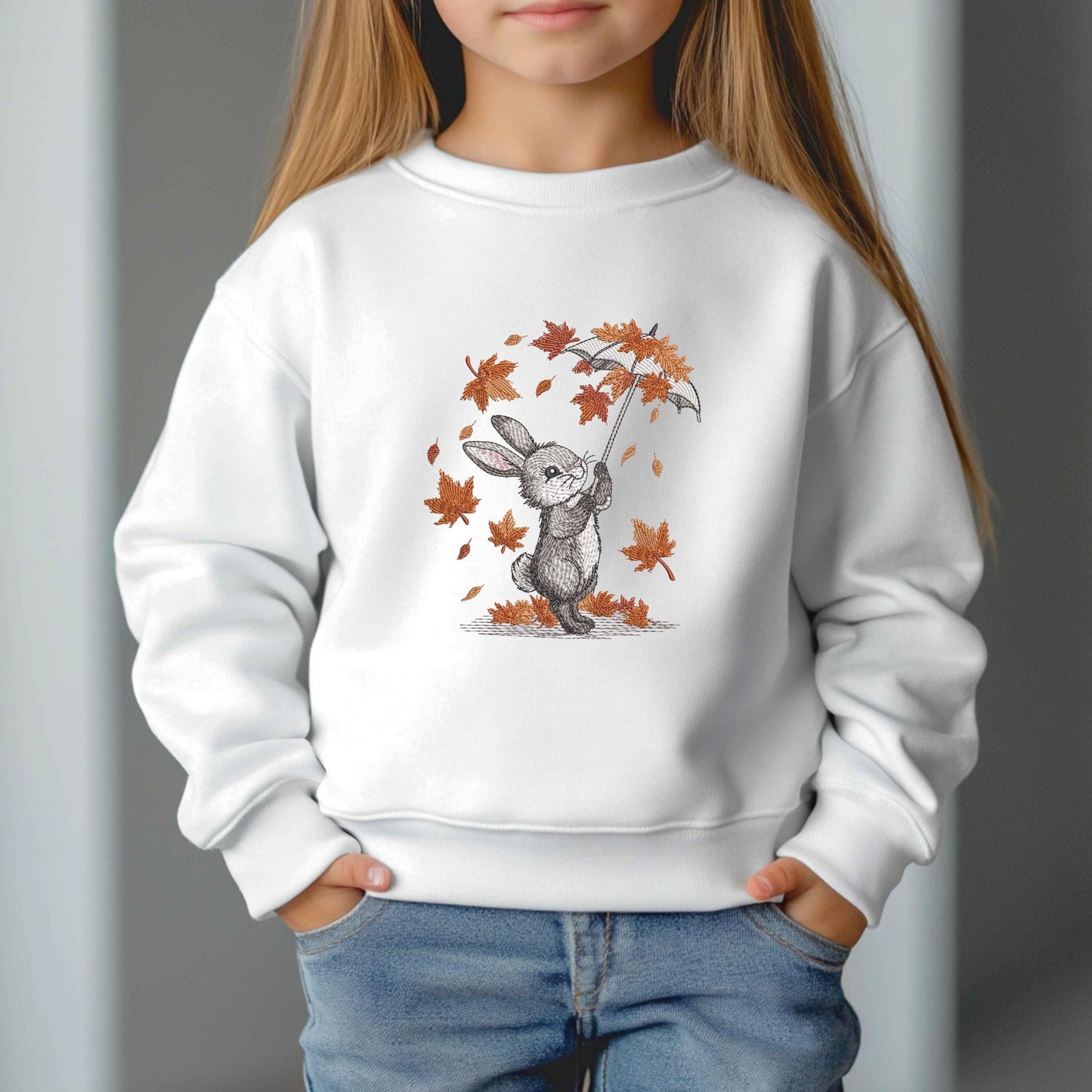 Cute Bunny with Umbrella – Autumn Machine Embroidery Design, Autumn Fall Leaves Pattern for Hoop 4x4, Autumn Rabbit Embroidery PES DST JEF