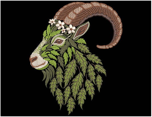 Floral Goat Embroidery Design PES, Botanical Animal Machine Embroidery Pattern, Majestic Goat Embroidery - Nature-Inspired Farm Animal Art!
